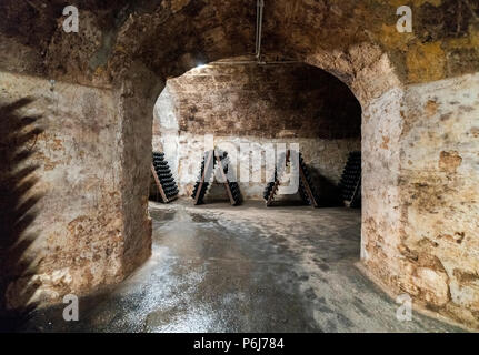 Wine cellar in Torley Wine company. Torley producing 21,5 million bottles of sparkling wine a year. Stock Photo