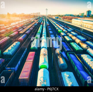 Aerial view of colorful freight trains at sunset. Cargo wagons with goods on railway station. Railroad. Heavy industry. Industrial landscape with rail Stock Photo