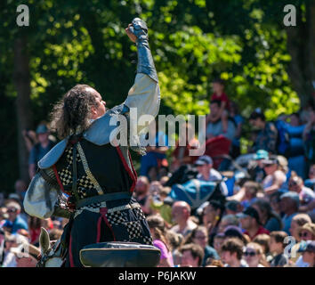 Jousting and Medieval Fair at Linlithgow Palace, Linlithgow, Scotland, United Kingdom, 30th June 2018. Historic Environment Scotland kick off their summer entertainment programme with a fabulous display of Medieval jousting in the grounds of the historic castle. The jousting is performed by Les Amis D'Onno equine stunt team based in the Borders Stock Photo