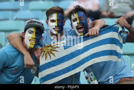 Sochi, Russia. 30th June, 2018. Fans of Uruguay cheer prior to the 2018 FIFA World Cup round of 16 match between Uruguay and Portugal in Sochi, Russia, June 30, 2018. Credit: Fei Maohua/Xinhua/Alamy Live News Stock Photo