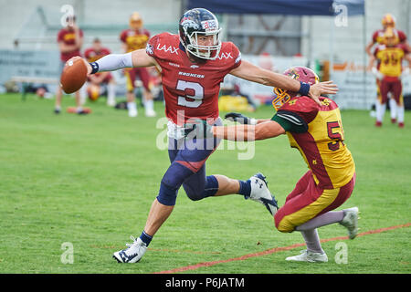 Chur, Switzerland. 30th June 2018. Broncos QB Clark Evans during the American Football Swiss Bowl Play-of Game Calanda Broncos vs. Winterthur Warriors. Credit: Rolf Simeon/Alamy Live News Stock Photo