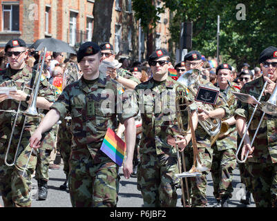 Members of the Defence Forces who are participating for the first time in uniform. take part in the annual LGBTI+ Dublin Pride Parade, the second biggest festival in Ireland after St Patrick's Day. Saturday 30th June 2018, St. Stephen’s Green, Dublin, Ireland Stock Photo