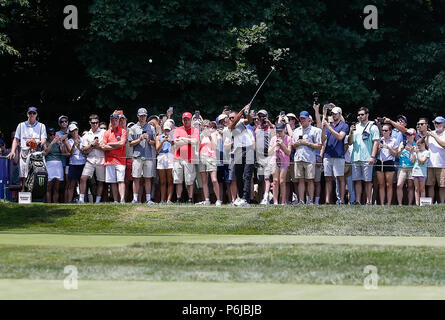 Potomac, MD, USA. 30th June, 2018. Tiger Woods tees off on the 8th hole during the third round of the Quicken Loans National at TPC Potomac in Potomac, MD. Justin Cooper/CSM/Alamy Live News Stock Photo