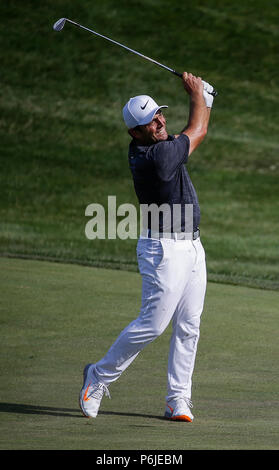 Potomac, MD, USA. 30th June, 2018. Francesco Molinari on the 18th fairway during the third round of the Quicken Loans National at TPC Potomac in Potomac, MD. Justin Cooper/CSM/Alamy Live News Stock Photo