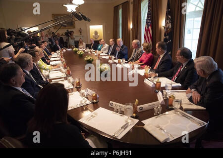 WASHINGTON, DC - WEEK OF JUNE 24: President Donald J. Trump addresses various issues including immigration and trade during his lunch with Members of Congress on Tuesday, June 26, 2018, in the Cabinet Room of the White House.   People:  President Donald Trump Stock Photo