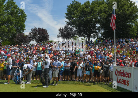 JUNE 30, 2018 - Tiger Woods (USA) waits to tee off at the first hole with a full gallery onlooking before the third round at the 2018 Quicken Loans National at the Tournament Players Club in Potomac MD. Stock Photo