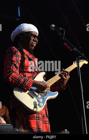 Glasgow, UK. 30th Jun, 2018. Fiesta X FOLD Festival Glasgow Glasgow.   The inaugural Fiesta X FOLD Festival in Kelvingrove Park, Glasgow.  Nile Rogers performs on the Main Stage on Saturday 30th June 2018   Picture © Andy Buchanan Credit: Andy Buchanan/Alamy Live News Stock Photo