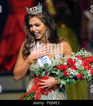 Lakeland, Florida, USA. 30th Jun, 2018. Taylor Tyson, 23, looks into the audience after being crowned Miss Florida 2018 at the Miss Florida Pageant on June 30, 2018 at the RP Funding Center in Lakeland, Florida. She will represent Florida at the Miss America Pageant in September in Atlantic City. (Paul Hennessy/Alamy) Credit: Paul Hennessy/Alamy Live News Stock Photo