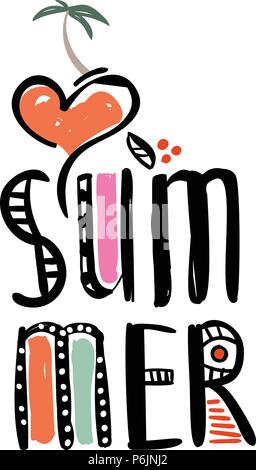 I love summer inscription with palm, heart, Multicolored lettering illustration. Doodle style brushes. Hand drawn sketch scribble text on white background Stock Vector