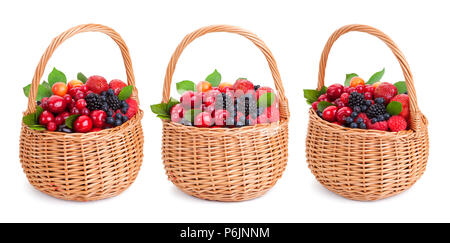 Fresh forest berries in basket isolated on white background with clipping path Stock Photo