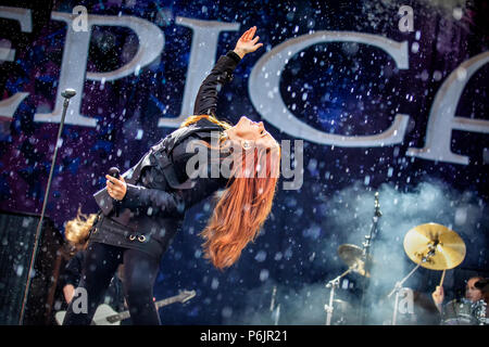 Norway, Halden - June 21, 2018. The Dutch symphonic metal band Epica performs a live concert during the Norwegian music metal festival Tons of Rock 2018 in Halden. Here vocalist Simone Simons is seen live on stage. (Photo credit: Gonzales Photo - Terje Dokken). Stock Photo