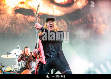 Norway, Halden - June 22, 2018. The German speed metal band Helloween performs a live concert during the Norwegian music metal festival Tons of Rock 2018 in Halden. Here guitarist Kai Hansen is seen live on stage. (Photo credit: Gonzales Photo - Terje Dokken). Stock Photo