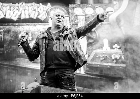 Norway, Halden - June 22, 2018. The German speed metal band Helloween performs a live concert during the Norwegian music metal festival Tons of Rock 2018 in Halden. Here vocalist Michael Kiske is seen live on stage. (Photo credit: Gonzales Photo - Terje Dokken). Stock Photo