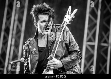 Norway, Halden - June 22, 2018. The German speed metal band Helloween performs a live concert during the Norwegian music metal festival Tons of Rock 2018 in Halden. Here guitarist Sascha Gerstner is seen live on stage. (Photo credit: Gonzales Photo - Terje Dokken). Stock Photo