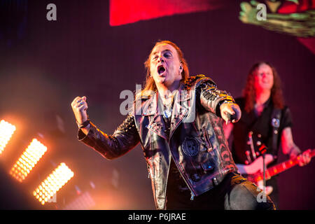 Norway, Halden - June 22, 2018. The German speed metal band Helloween performs a live concert during the Norwegian music metal festival Tons of Rock 2018 in Halden. Here vocalist Andi Deris is seen live on stage. (Photo credit: Gonzales Photo - Terje Dokken). Stock Photo