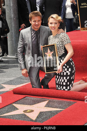 Scarlett Johansson ( with Jeremy Renner ) honored with a Star on the Hollywood walk of Fame in Los Angeles.a Scarlett Johansson - star  08  - Jeremy Renner   Event in Hollywood Life - California, Red Carpet Event, USA, Film Industry, Celebrities, Photography, Bestof, Arts Culture and Entertainment, Topix Celebrities fashion, Best of, Hollywood Life, Event in Hollywood Life - California, movie celebrities, TV celebrities, Music celebrities, Topix, Bestof, Arts Culture and Entertainment, Photography,    inquiry tsuni@Gamma-USA.com , Credit Tsuni / USA, Honored with a Star on the Hollywood Walk o Stock Photo