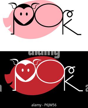 inscription of pork on a silhouette of a pig pork minimalist logo Stock Vector