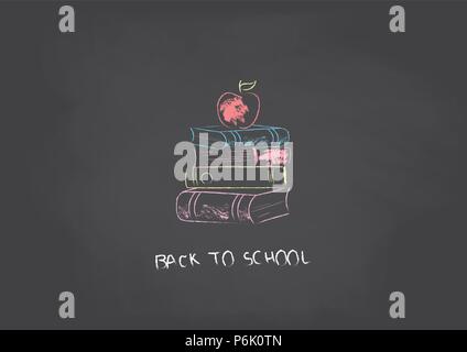 Empty chalkboard with faded chalk with stacked book hand draw and apple on top. Back to school concept. Stock Vector