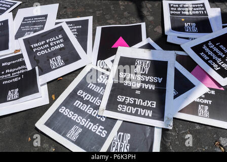 Paris, France, Close up, French AIDS Activists demonstrating, at Annual Gay Pride, LGBT March, Act Up-Paris, French Protest Posters, NGO on Street, collective action Holding Pride Health Signs Stock Photo