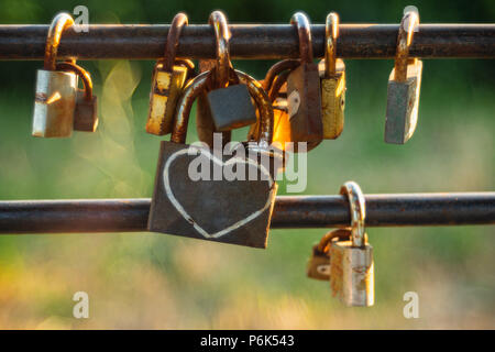 Padlock on a wire garden fence. Shot with vintage lens. Love, friendship. Stock Photo