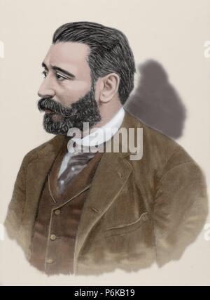 Aureliano Linares Rivas (1841-1903). Spanish politician. Engraving by A. Carretero in The Spanish and American Illustration, 1892. Colored. Stock Photo