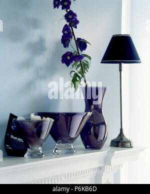 Close-up of dark purple stemmed vases and tall vase with single blue delphinium on mantelpiece with black lamp Stock Photo