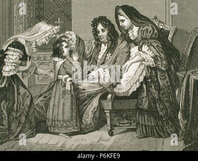 Louis XIV (1638-1715), King of France, with his grandson. Engraving. Stock Photo