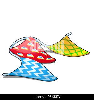 Few motley triangle hanging papers flags with rope isolated on white background. Vector cartoon close-up illustration. Stock Vector