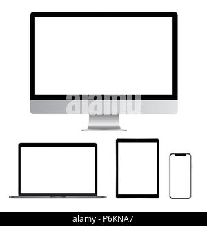 High quality illustration set of modern computer monitor, laptop, digital tablet and mobile phone with blank screen. Isolated on white background Stock Photo