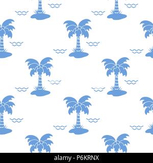 Seamless pattern with palm trees, coconuts and waves. Design for postcard, invitation, banner. Stock Vector
