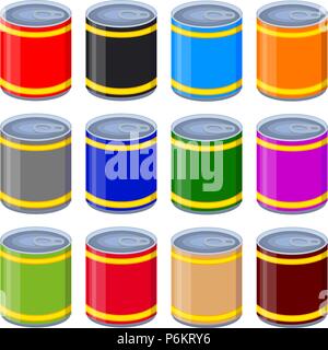 Colorful cartoon tin can mock up set Stock Vector