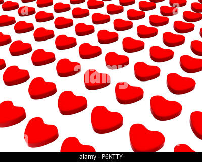 3d Illustration featuring red hearts aligned and upright placed on white Stock Photo