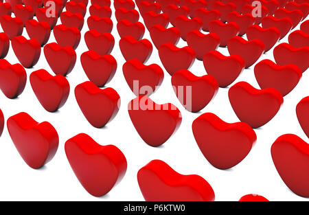 3d Illustration featuring red hearts aligned and upright placed on white Stock Photo
