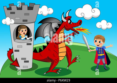 Medieval knight sword fighting against red dragon for releasing cute worried princess in the tower Stock Photo