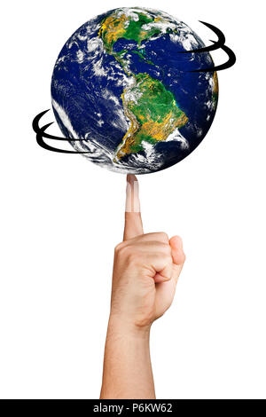 Earth world spinning on a finger isolated. Earth image provided by NASA Stock Photo