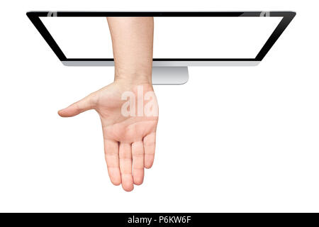 Topview of male palm hand coming out from computer screen isolated over white background Stock Photo