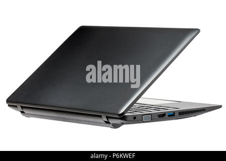 Side view of a semi closed laptop isolated Stock Photo