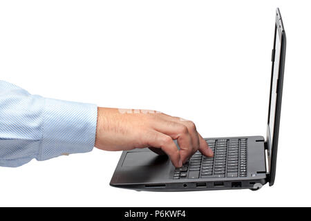 Businessman hand typing on computer laptop keyboard with blank display side view isolated Stock Photo