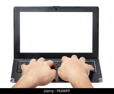 Hands typing on laptop keyboard front view isolated Stock Photo