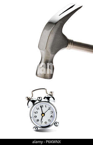 Big Hammer Hitting Vintage Clock Alarm Stock Photo