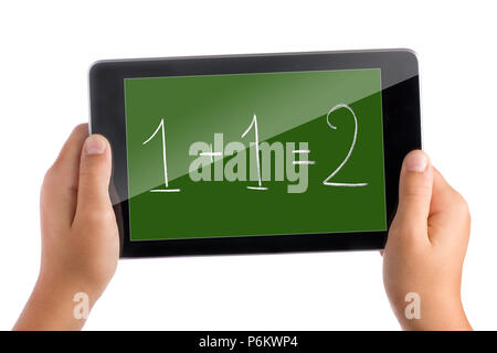 Kid hands holding tablet pc displaying math expression one and one is two isolated Stock Photo