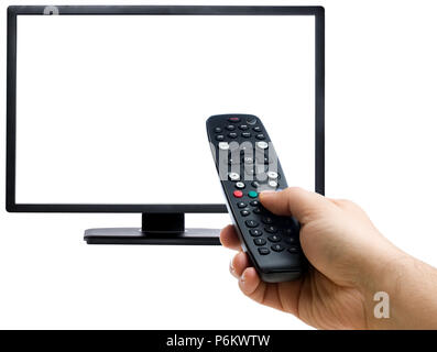 Male hand changing the channel with the remote control pointing at blank display isolated Stock Photo