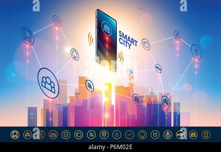 Smart city wireless communication network with smart phone. City infrastructure icons set. Isometric Smartphone over urban landscape connected with ic Stock Vector