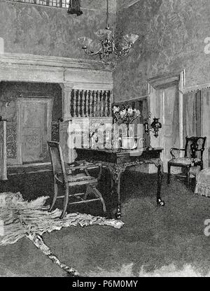 Bourgeois house. Sitting room. 19th century. Engraving. Stock Photo
