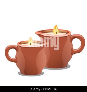 Set of burning candles in clay cups. Accessories for spa treatment isolated on white background. Vector cartoon close-up illustration. Stock Vector