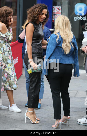 Rochelle Humes seen wearing a leather outfit as she speaks to Emma Bunton outside Global Radio Studios - London  Featuring: Rochelle Humes, Emma Bunton Where: London, United Kingdom When: 31 May 2018 Credit: WENN.com Stock Photo