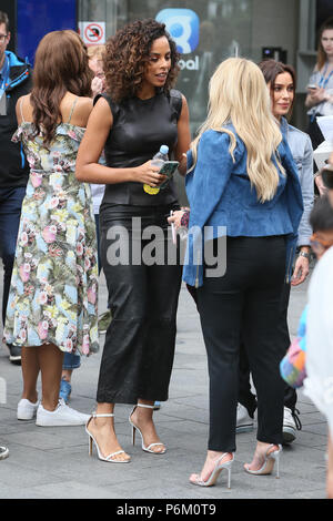 Rochelle Humes seen wearing a leather outfit as she speaks to Emma Bunton outside Global Radio Studios - London  Featuring: Rochelle Humes, Emma Bunton Where: London, United Kingdom When: 31 May 2018 Credit: WENN.com Stock Photo