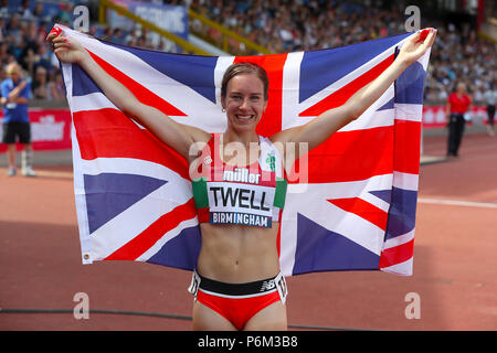 Great Britain's Stephanie Twell celebrates winning the Women's 500) Metres Final during day two of the Muller British Athletics Championships at Alexander Stadium, Birmingham. PRESS ASSOCIATION Photo. Picture date: Sunday July 1, 2018. See PA story ATHLETICS Birmingham. Photo credit should read: Martin Rickett/PA Wire Stock Photo