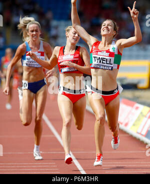 Great Britain's Stephanie Twell celebrates winning the Women's 500) Metres Final during day two of the Muller British Athletics Championships at Alexander Stadium, Birmingham. Stock Photo