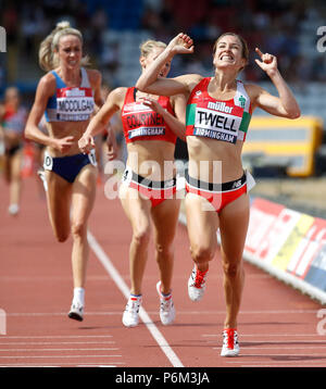 Great Britain's Stephanie Twell celebrates winning the Women's 500) Metres Final during day two of the Muller British Athletics Championships at Alexander Stadium, Birmingham. Stock Photo